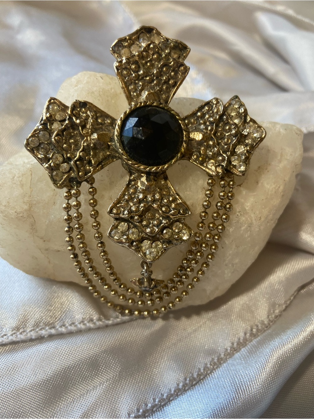 Vintage 80’s Gold-Tone Cross Brooch with Black Center and Draped Chains